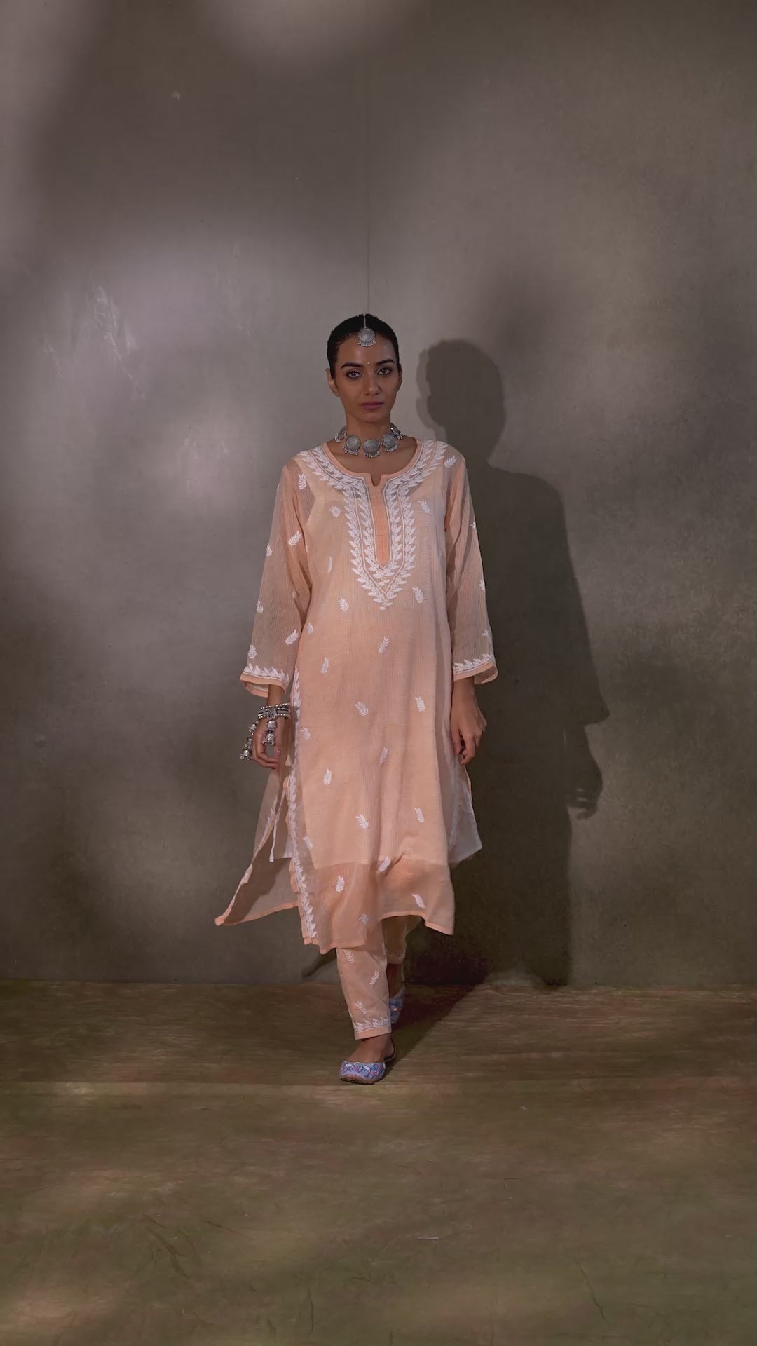 Cotton Kota Chikankari Kurta Set With Inner - Peach