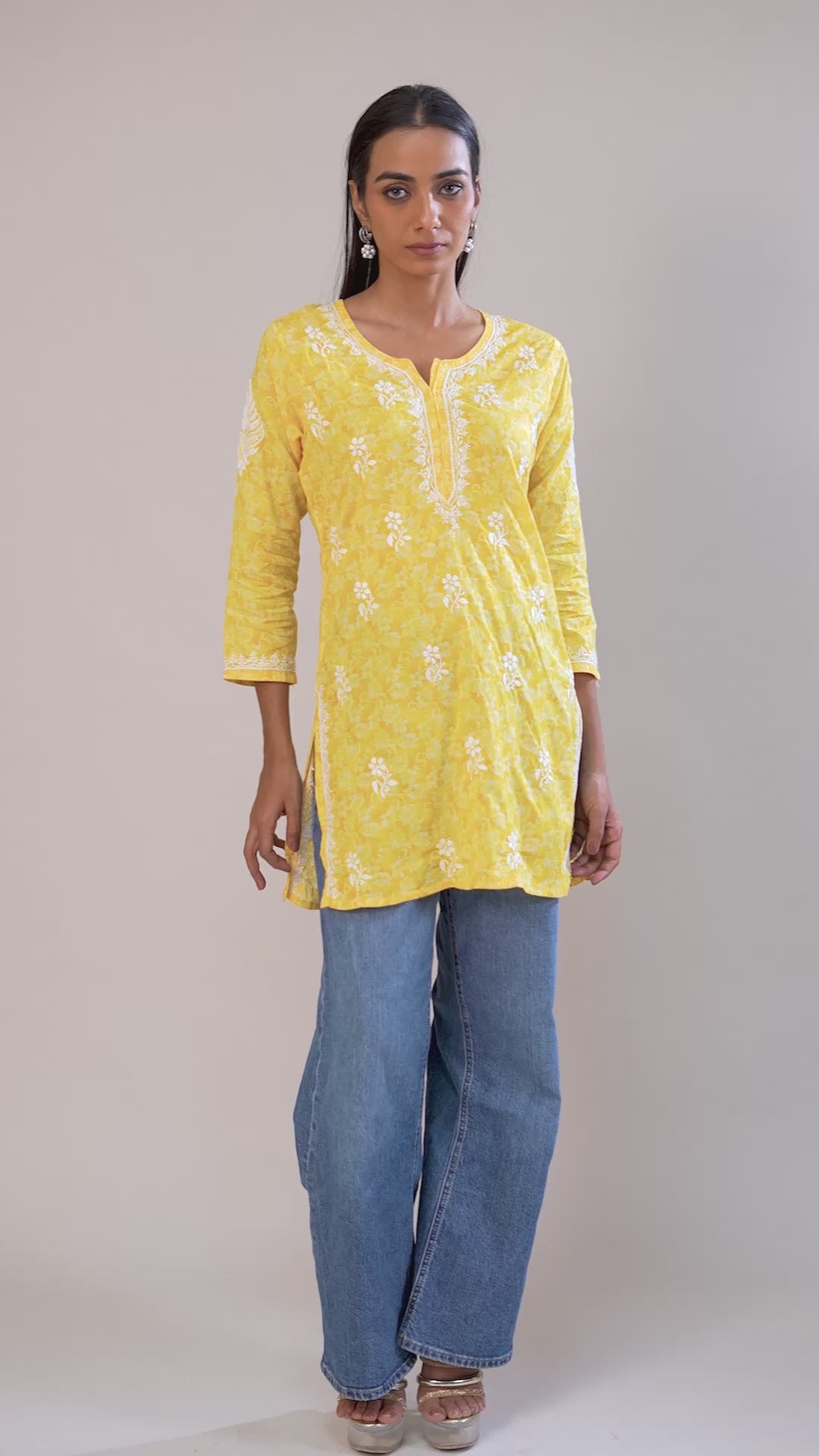 Printed Cotton Chikankari Short Kurta - Yellow