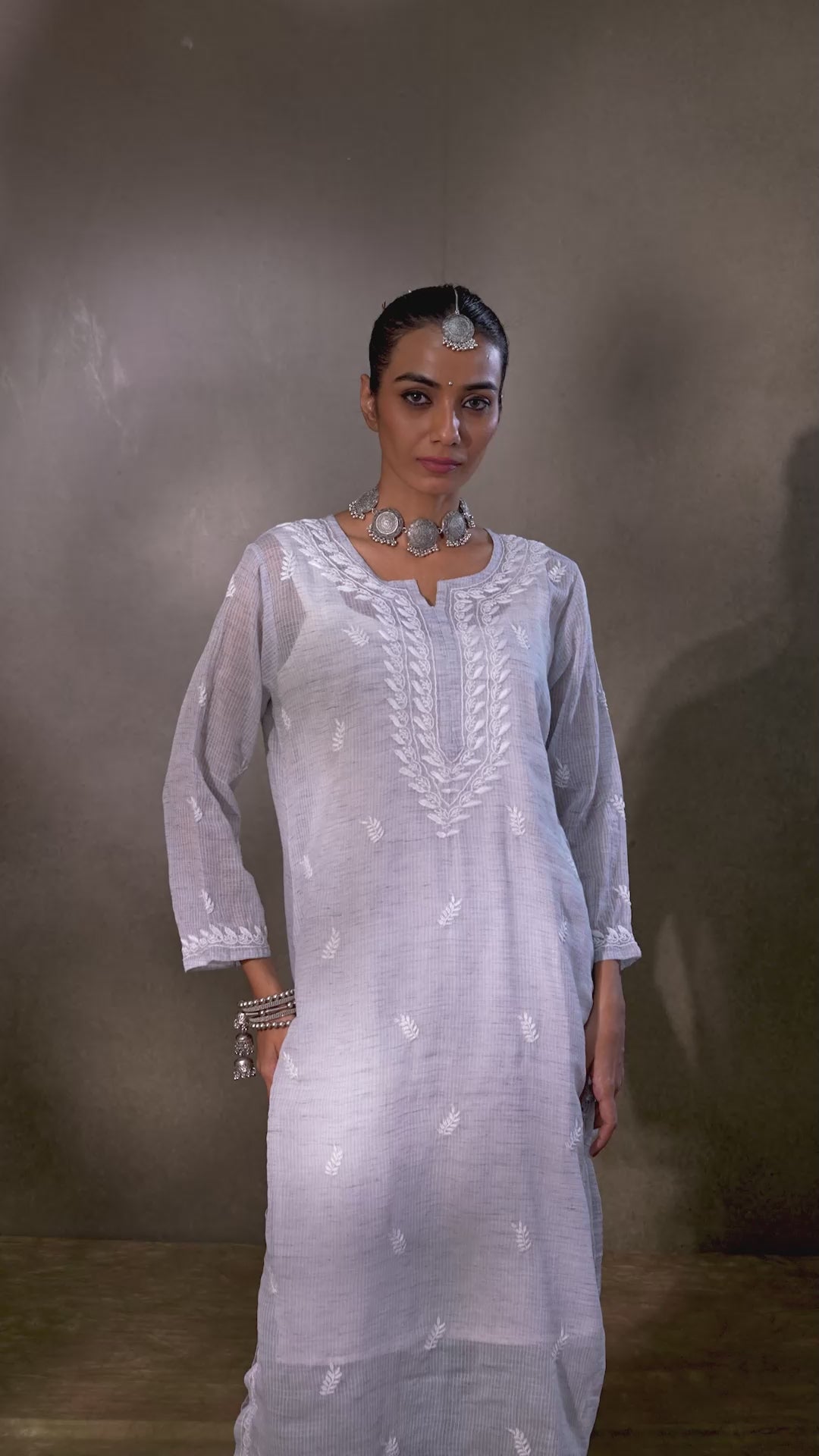 Cotton Kota Chikankari Kurta Set With Inner - Grey