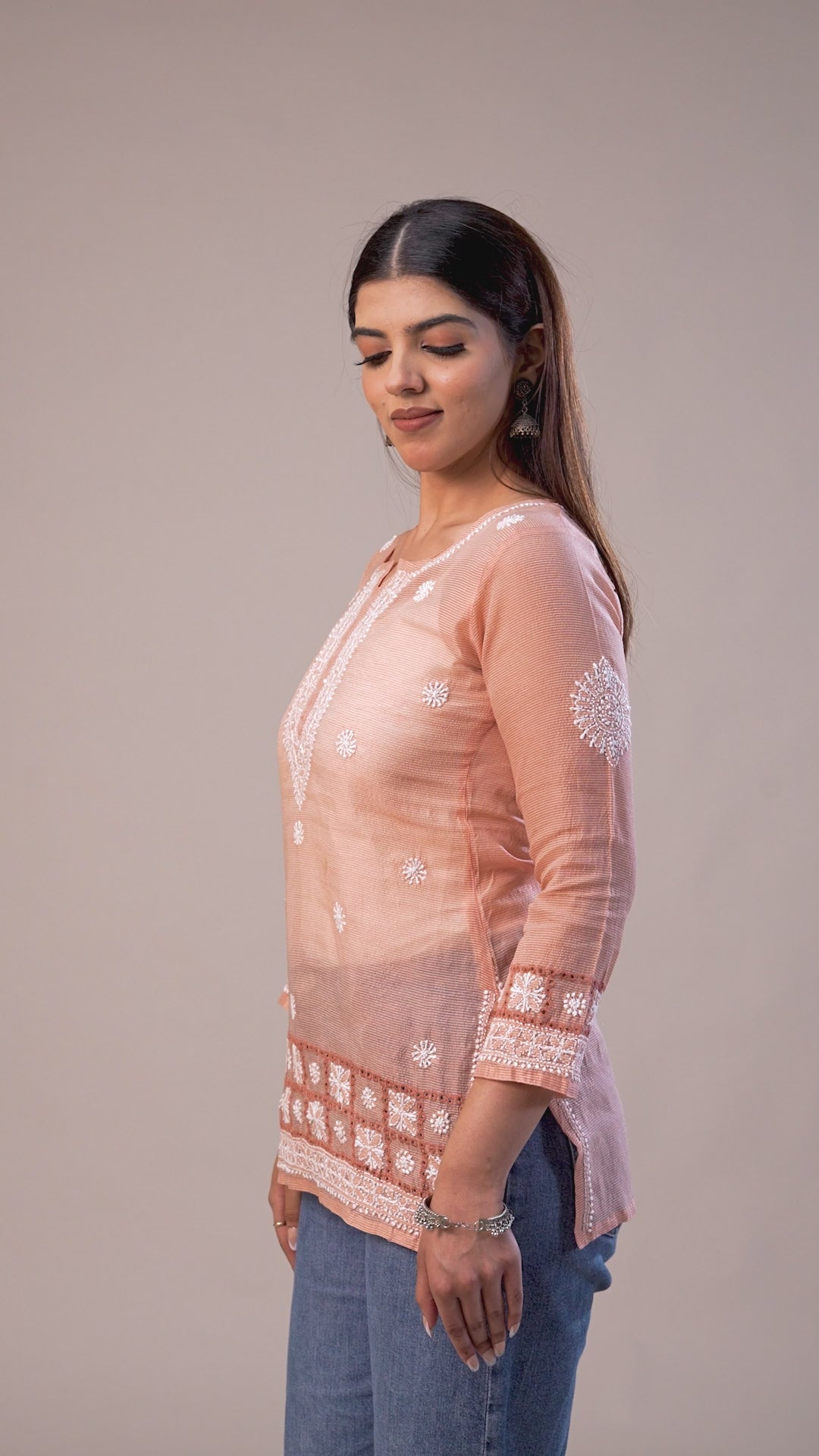 Chanderi Striped Chikankari Short Kurta - Peach