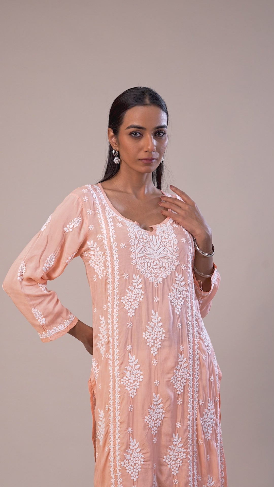 Modal Chikankari Panel Kurta - Peach